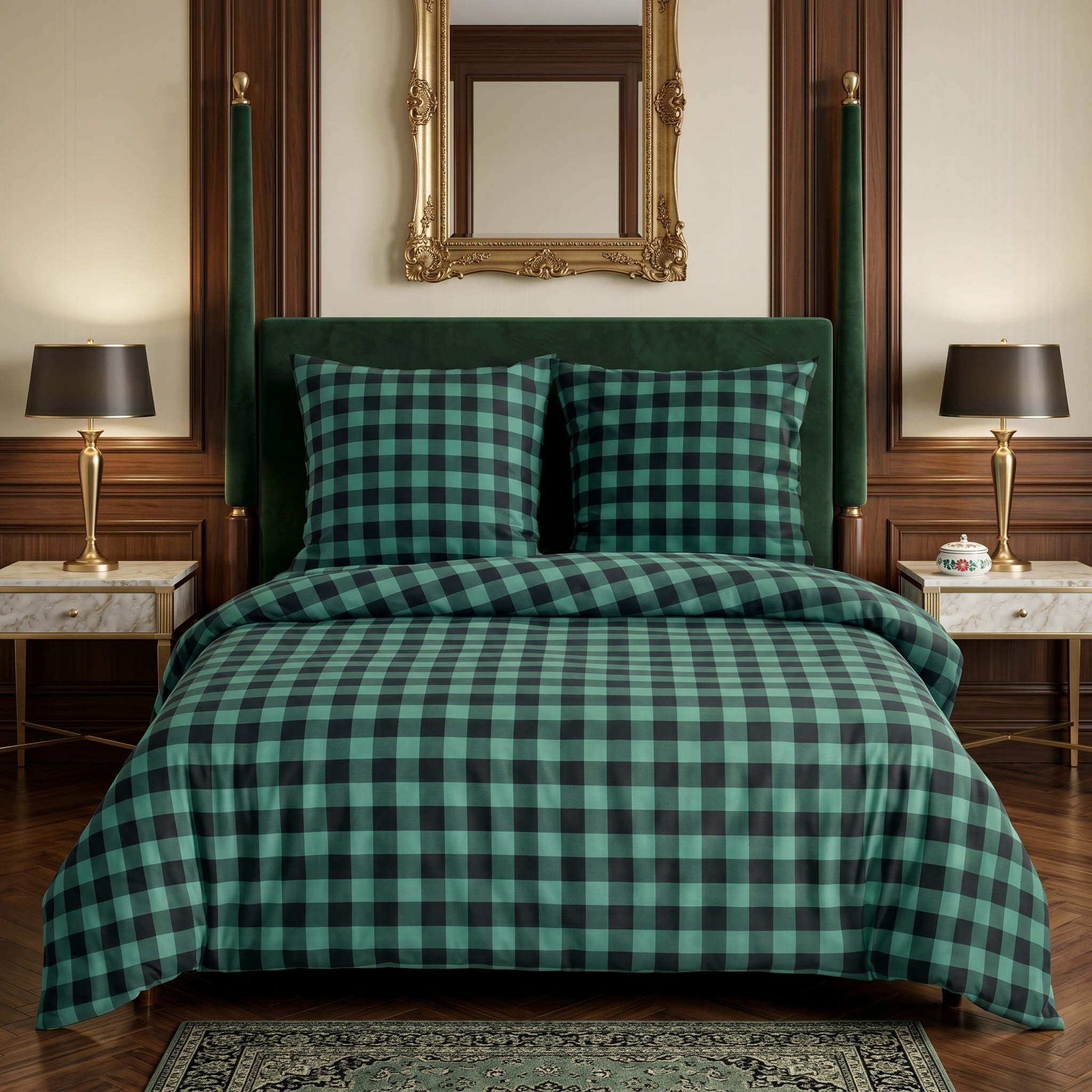 Pościel bawełniana zielony czarny w kratkę 160x200 3 el. Emerald Check m2049 - Lunatis
