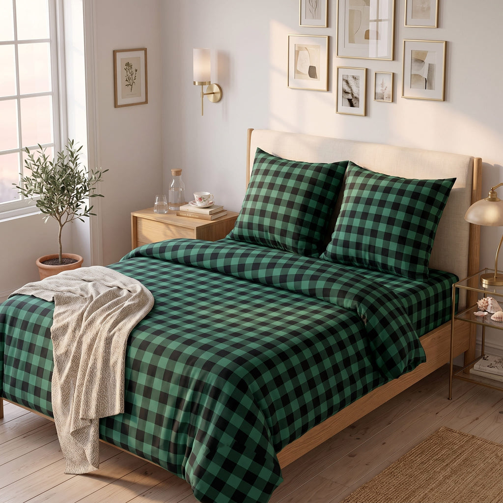 Pościel bawełniana zielony czarny w kratkę 160x200 3 el. Emerald Check m2049 - Lunatis