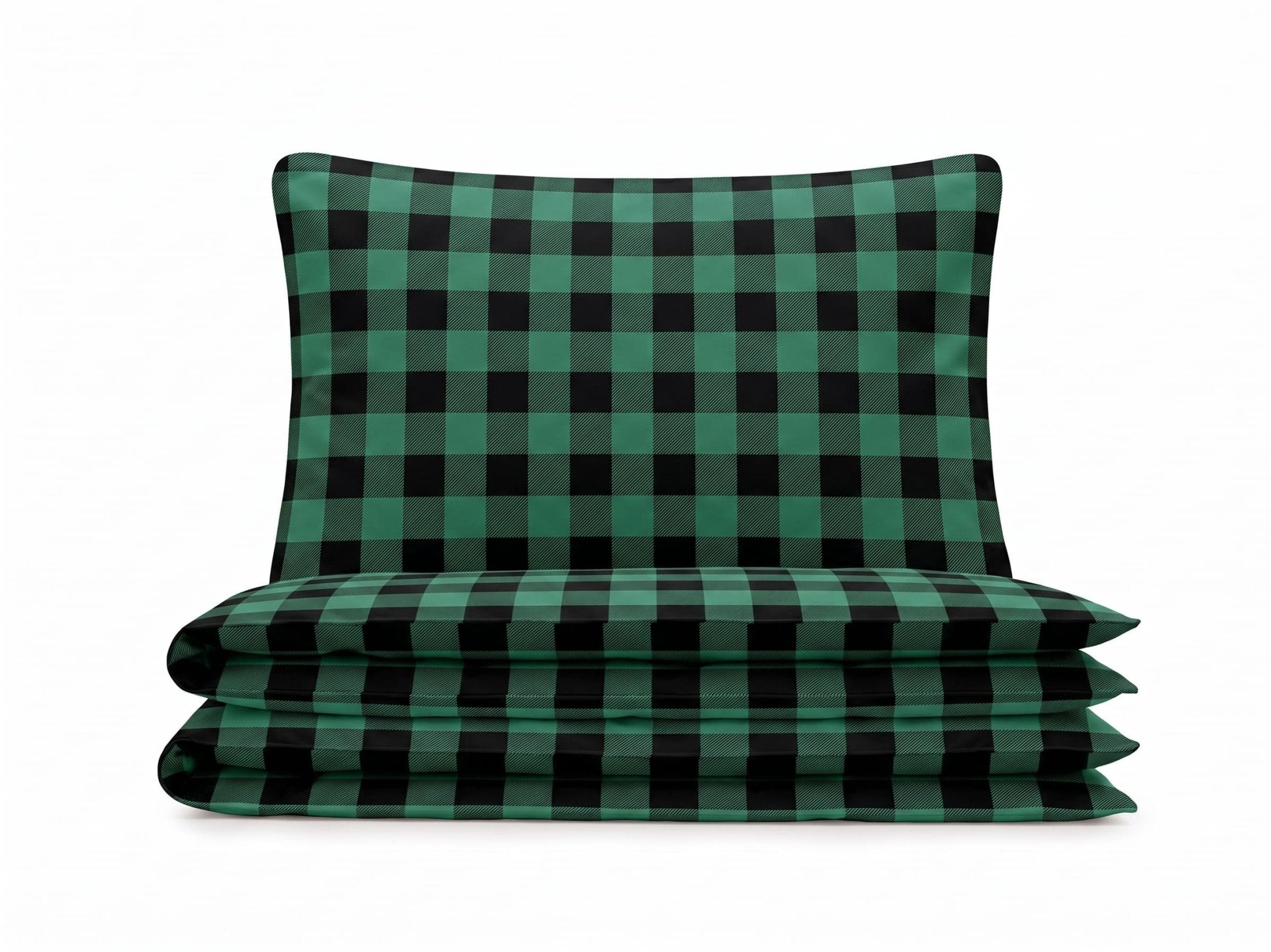 Pościel bawełniana zielony czarny w kratkę 160x200 3 el. Emerald Check m2049 - Lunatis