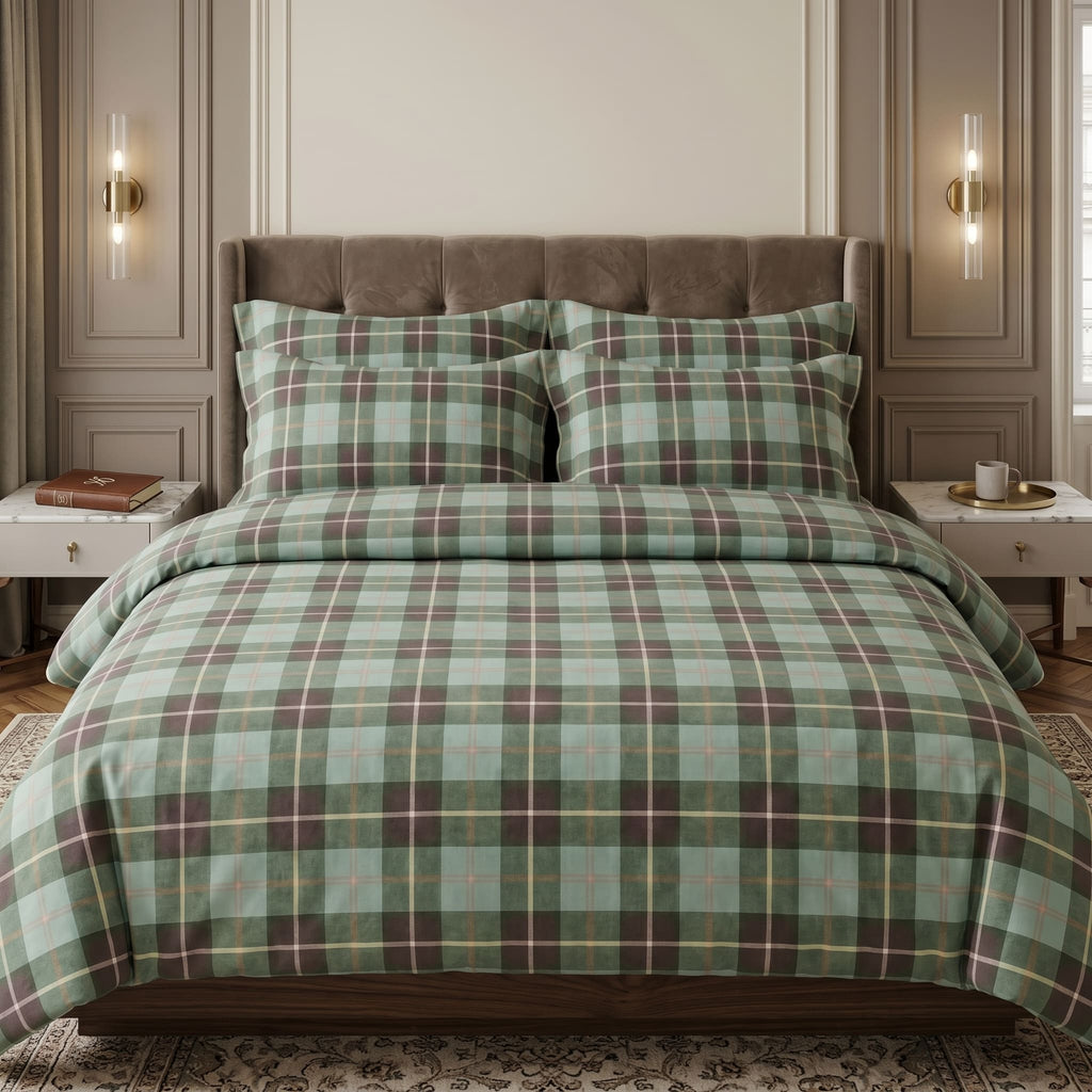 Pościel bawełniana zielony grafitowy w kratkę 200x220 3 el. Emerald Tartan m2001 - Lunatis