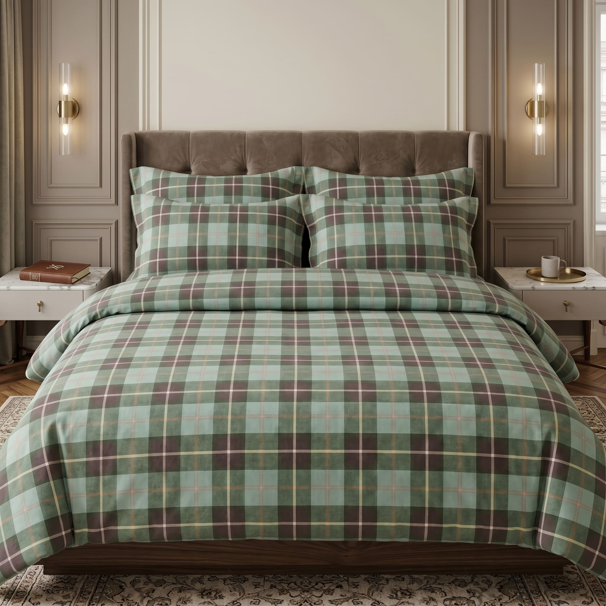 Pościel bawełniana zielony grafitowy w kratkę 200x220 3 el. Emerald Tartan m2001 - Lunatis