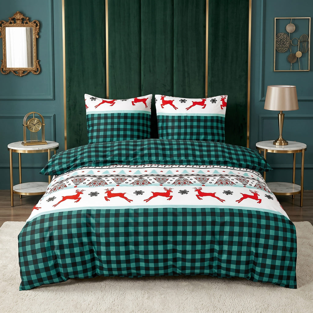 Pościel bawełniana zielony w kratę i renifery 160x200 3 el. Emerald Chalet m2026 - Lunatis
