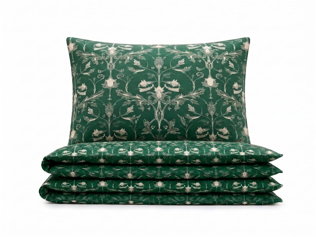 Pościel bawełniana zielony w ornamenty 160x200 3 el. Emerald Ornament m1947 - Lunatis
