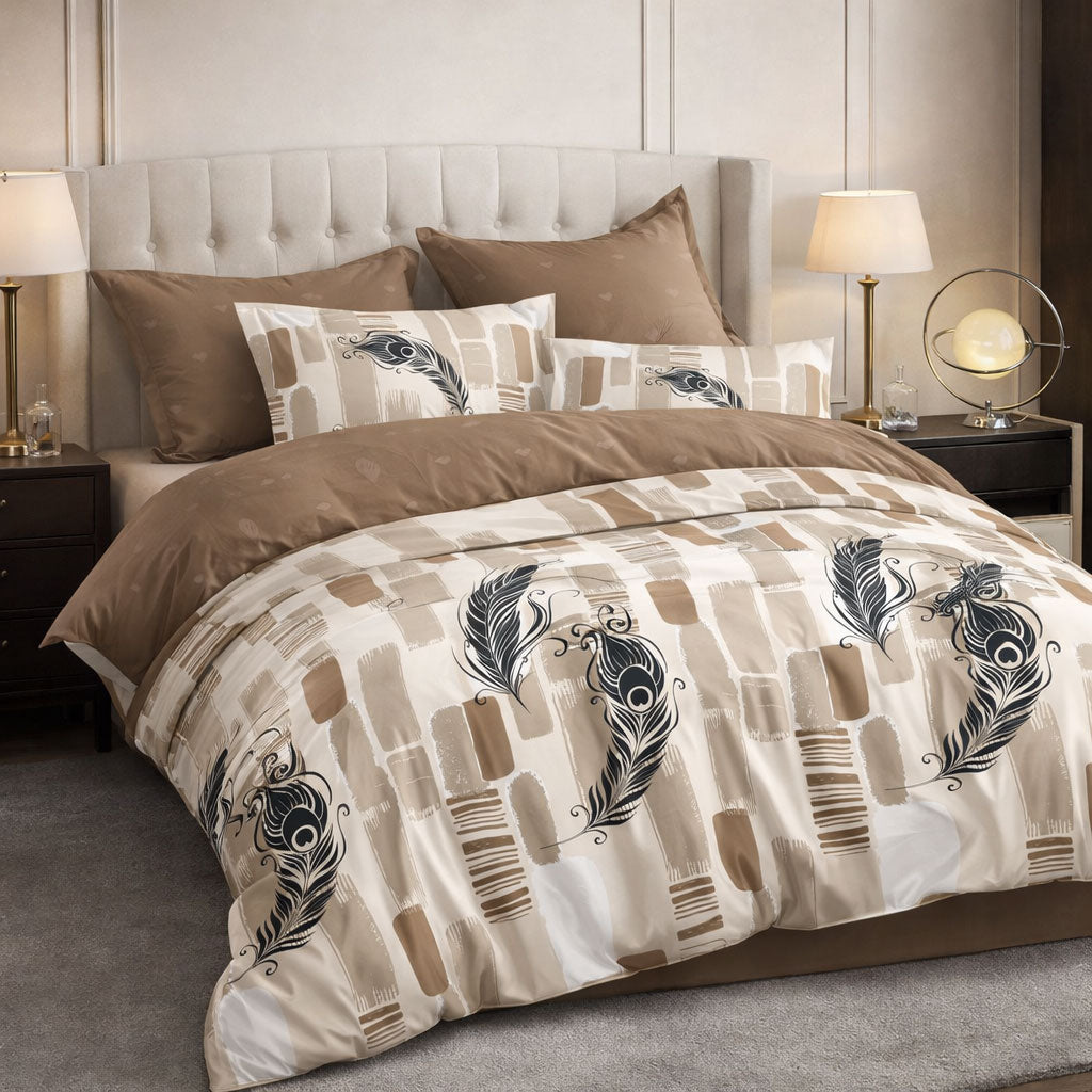 Pościel kawowa dwukolorowa brązowa beżowa cegiełki liście serduszka Crema 200x220 z prześcieradłem 4 el. Mil-J06