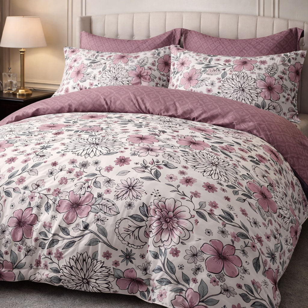 Pościel dwukolorowa różowo biała kwiaty ornament Holya 200x220 z prześcieradłem 4 el. Mil-J13