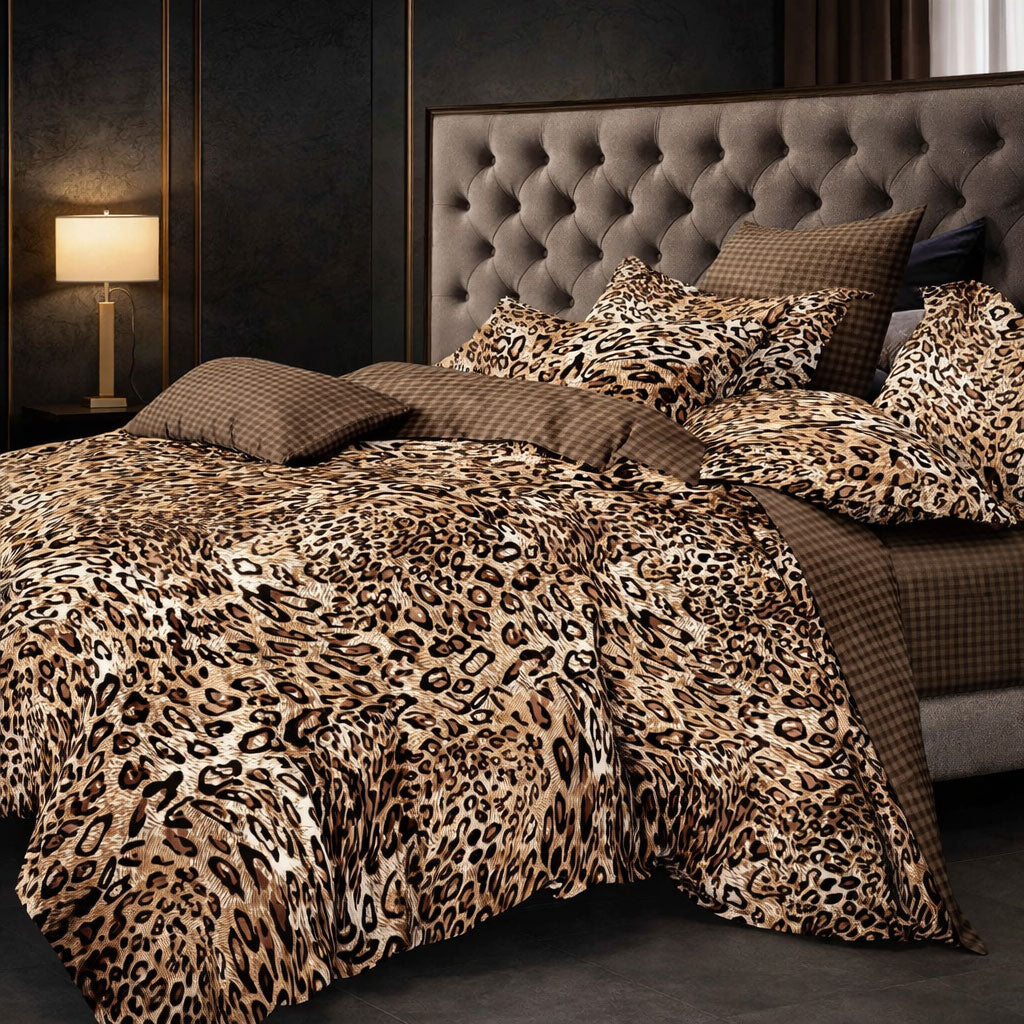 Pościel 160x200 z prześcieradłem 4 el. panterka dwukolorowa w kratę brązowa Rawr Mil-J30