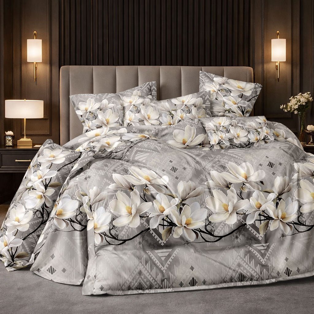 Pościel szara srebrna w kwiaty magnolie ornament Izyda 200x220 z prześcieradłem 4 el. Mil - D40 - Lunatis