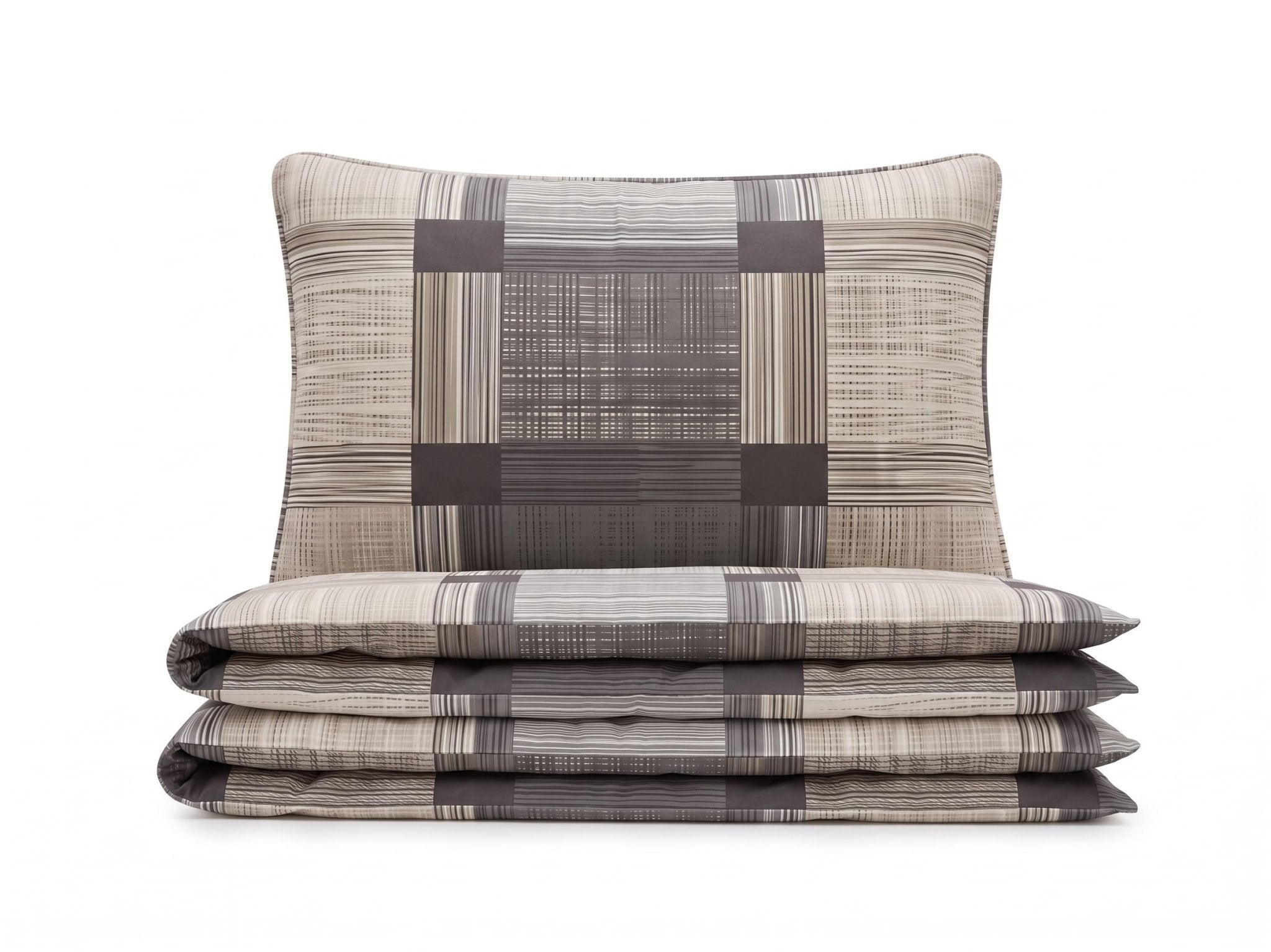 Pościel z mikrofibry beżowa grafitowa szara w krate 200x220 3 el. Cappello Grigio h1495 - Lunatis