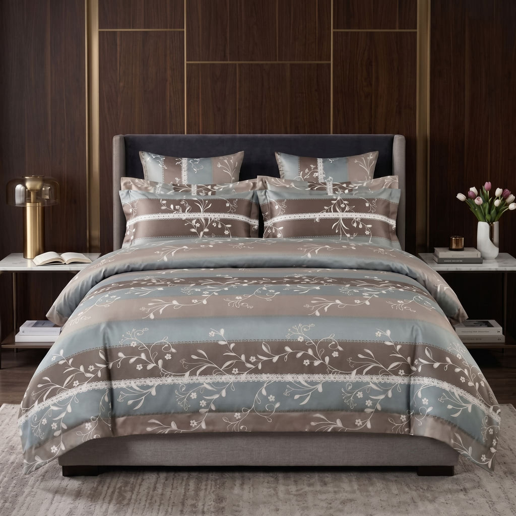 Pościel z mikrofibry beżowa taupe niebieska w pasy 140x200 2 el. Serene Lacewood h1615 - Lunatis