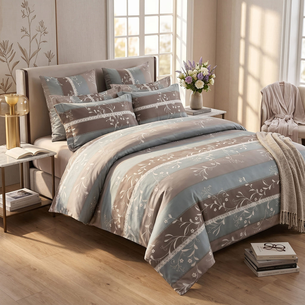 Pościel z mikrofibry beżowa taupe niebieska w pasy 140x200 2 el. Serene Lacewood h1615 - Lunatis