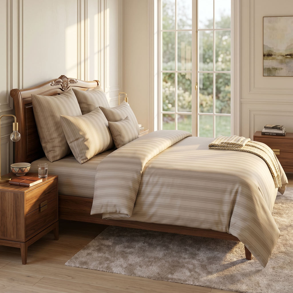 Pościel z mikrofibry beżowa w pasy 160x200 3 el. Veloura Beige h1609 - Lunatis