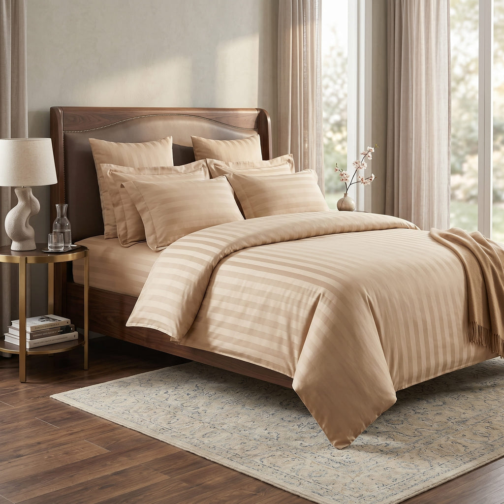 Pościel z mikrofibry beżowa w pasy 180x200 3 el. Champagne Royale h1608 - Lunatis