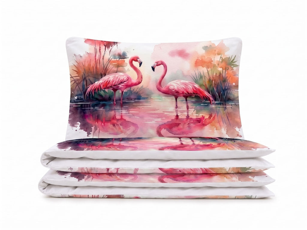 Pościel z mikrofibry biała w flamingi 140x200 2 el. Flamingo Serenade h1570 - Lunatis