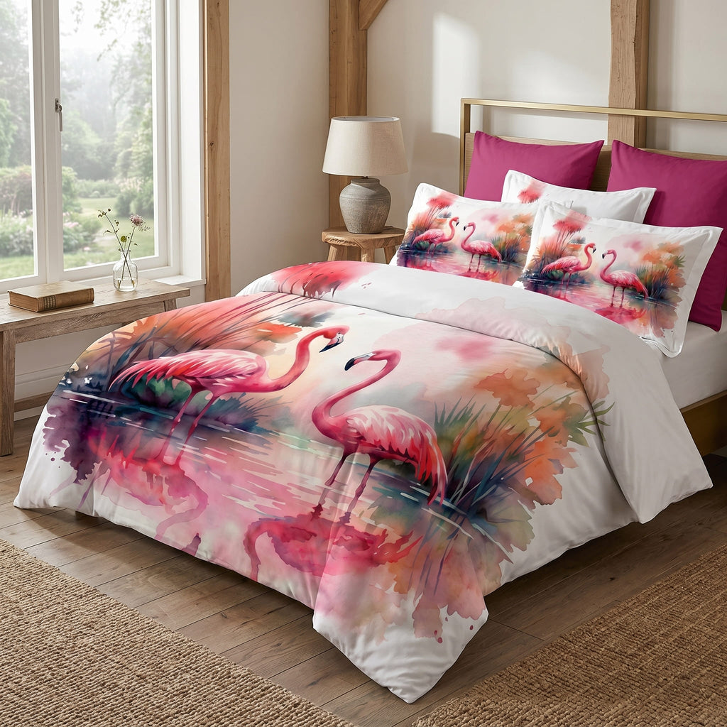 Pościel z mikrofibry biała w flamingi 140x200 2 el. Flamingo Serenade h1570 - Lunatis