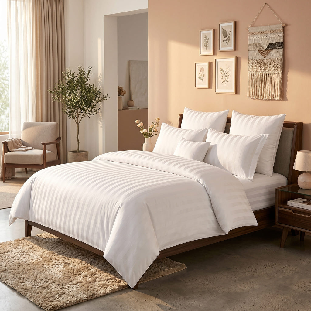 Pościel z mikrofibry biała w pasy 160x200 3 el. Ivory Prestige h1562 - Lunatis
