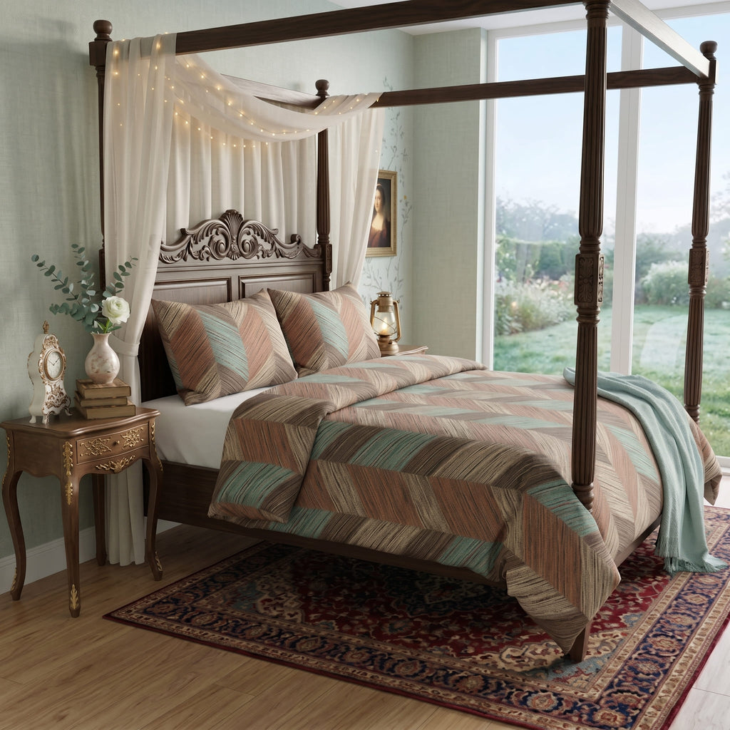 Pościel z mikrofibry brązowa beżowa w chevron 160x200 3 el. Rustic Chevron h1298 - Lunatis
