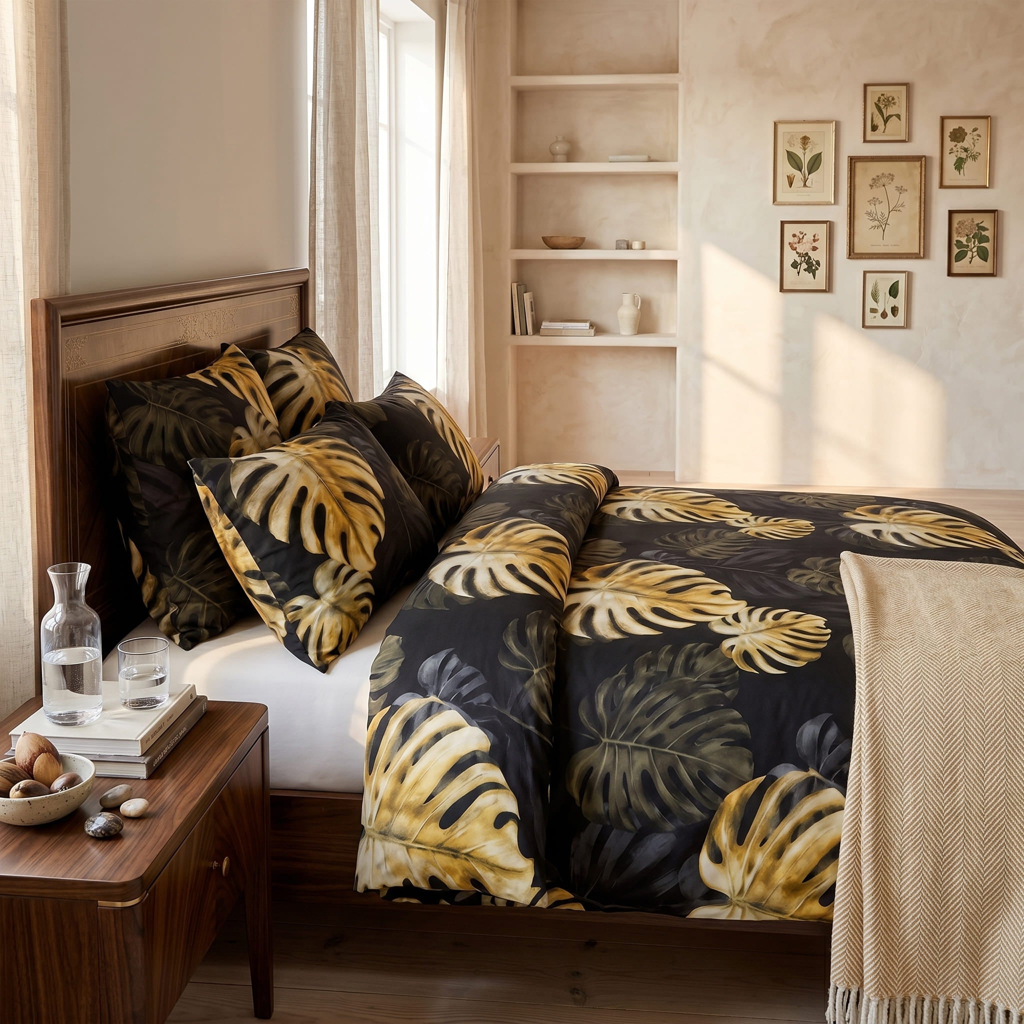 Pościel z mikrofibry czarna w liście 160x200 3 el. Golden Monstera h1613 - Lunatis
