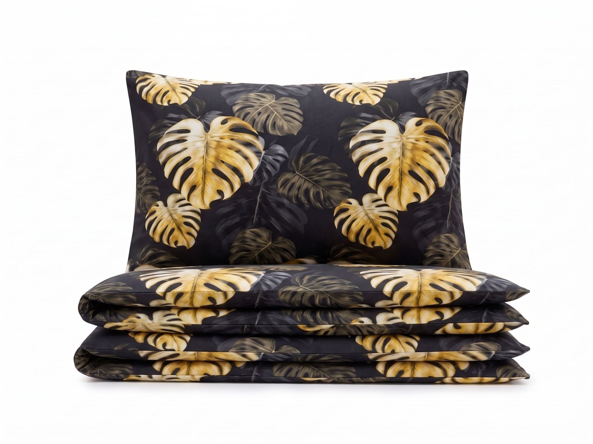 Pościel z mikrofibry czarna w liście 160x200 3 el. Golden Monstera h1613 - Lunatis
