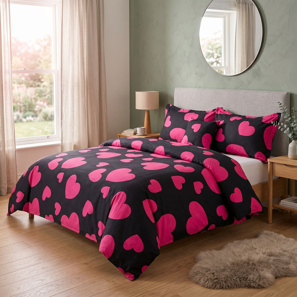 Pościel z mikrofibry czarna w serca 180x200 3 el. Heartbeat Pink h673 - Lunatis