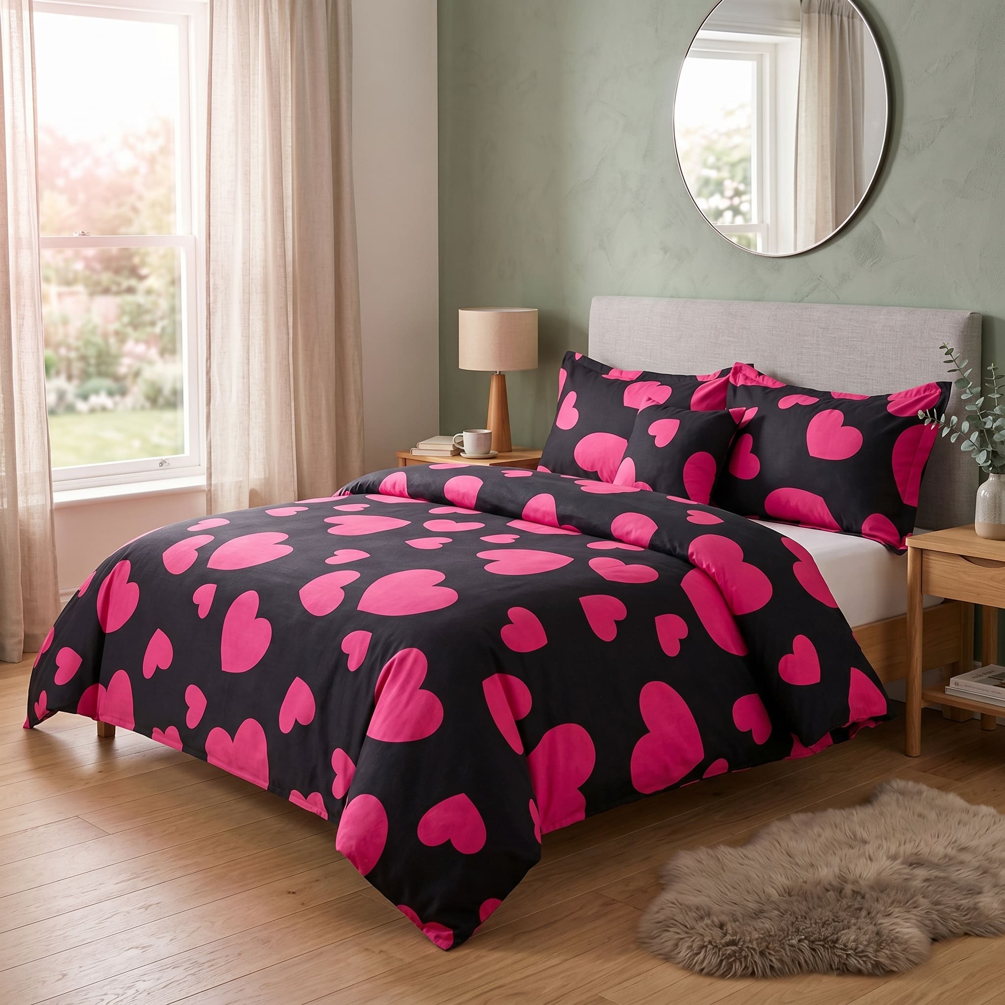 Pościel z mikrofibry czarna w serca 180x200 3 el. Heartbeat Pink h673 - Lunatis