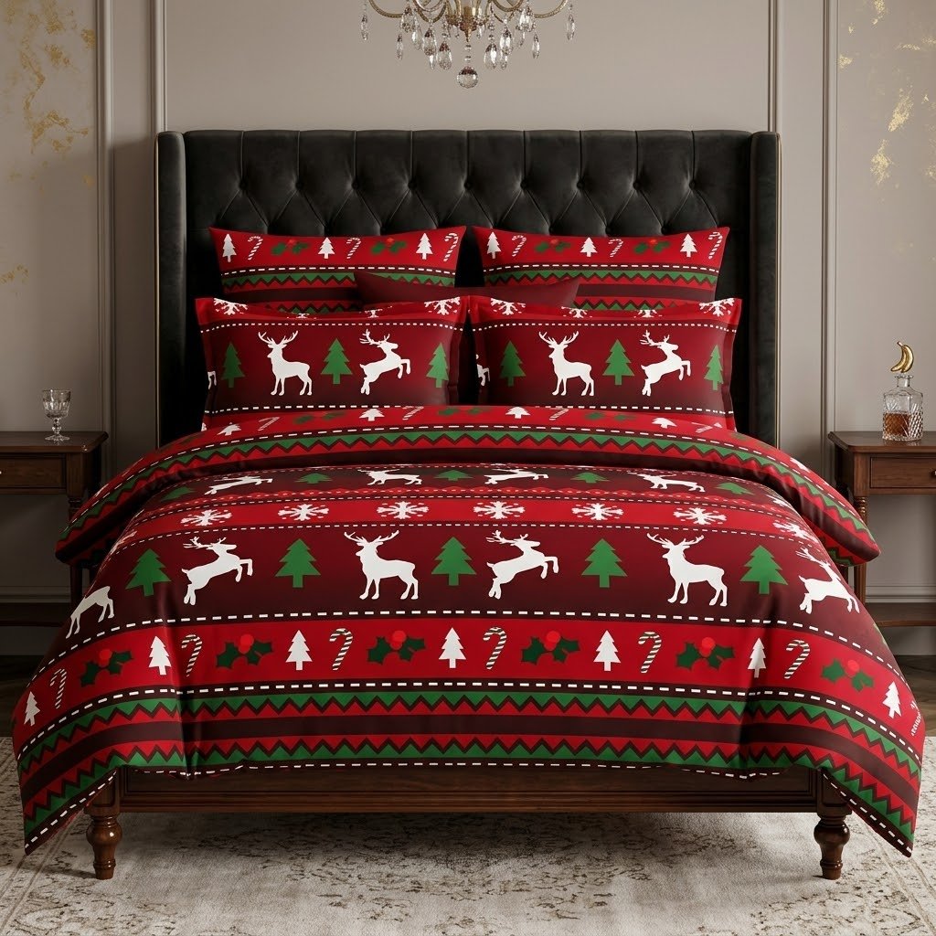 Pościel z mikrofibry czerwona w bożonarodzeniowy wzór 200x220 3 el. Nordic Reindeer h1636 - Lunatis