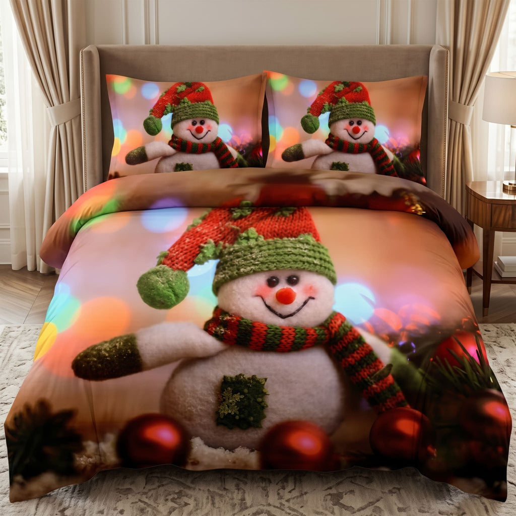 Pościel z mikrofibry czerwona w bożonarodzeniowy wzór bałwany 140x200 2 el. Festive Snowman h1632 - Lunatis