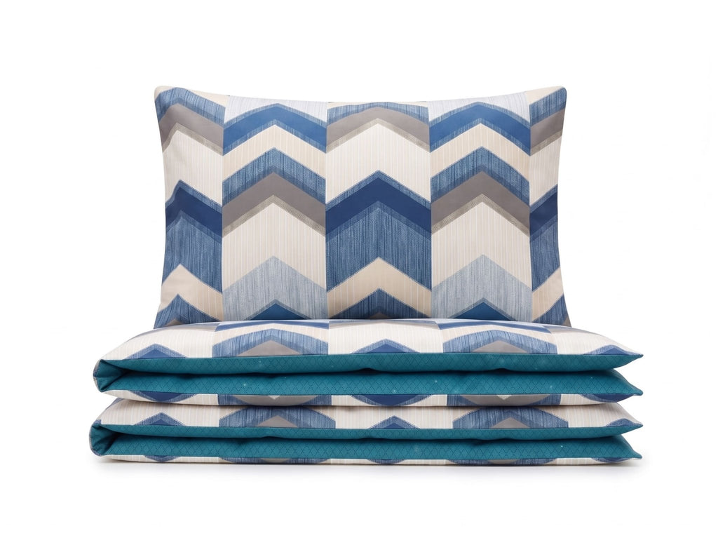 Pościel z mikrofibry dwustronna biała niebieska szara w chevron 160x200 3 el. Ocean Crest h1580 - Lunatis