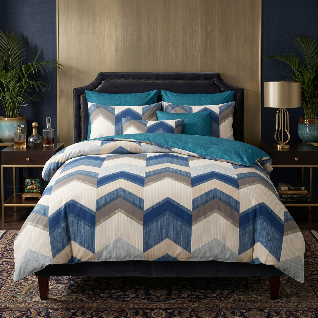 Pościel z mikrofibry dwustronna biała niebieska szara w chevron 160x200 3 el. Ocean Crest h1580 - Lunatis