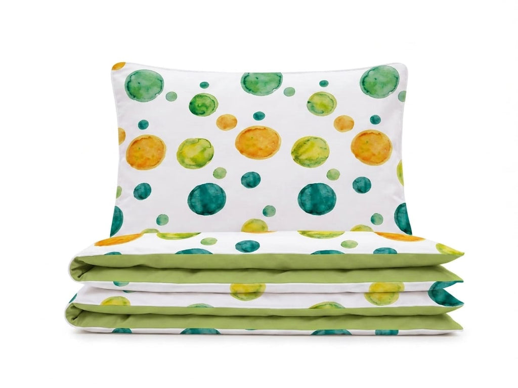 Pościel z mikrofibry dwustronna biała w kropki i zielona 200x220 4 el. z prześcieradłem Citrus Dots h1289 - Lunatis