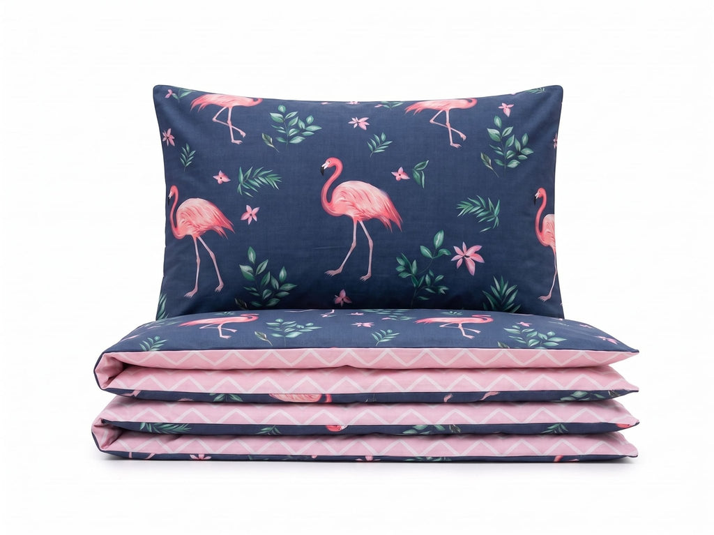 Pościel z mikrofibry dwustronna granatowa w flamingi i różowa 200x220 3 el. Flamingo Belle h836 - Lunatis