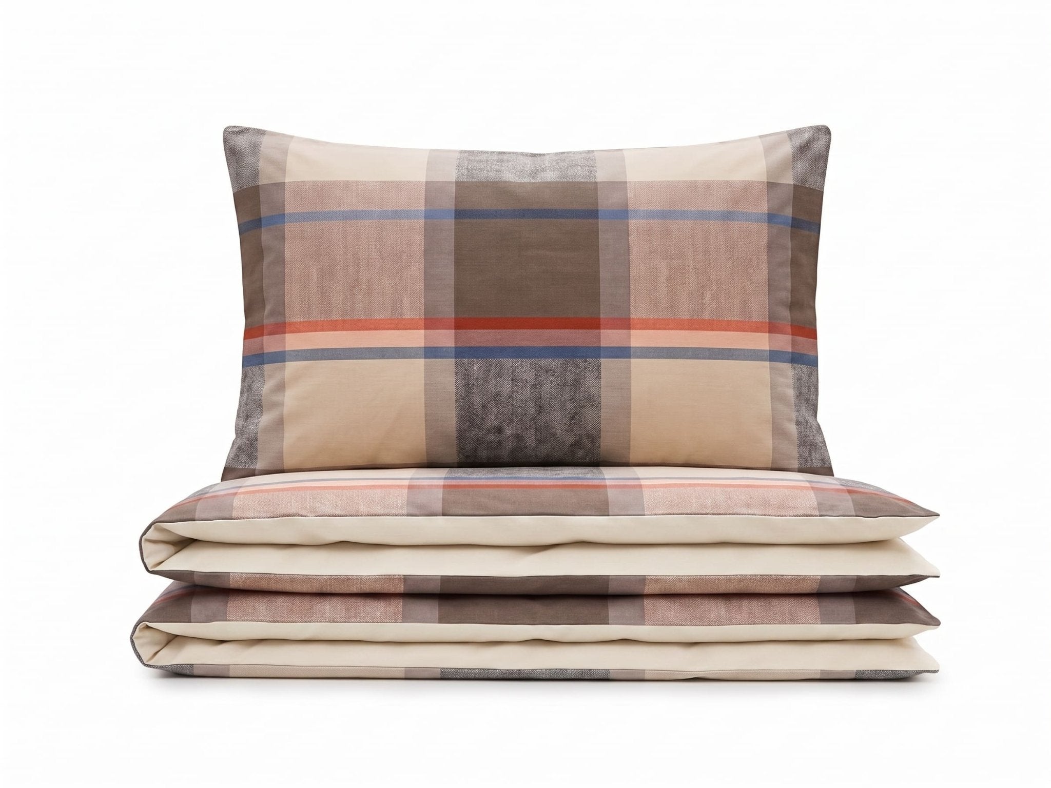 Pościel z mikrofibry dwustronna kremowa beżowa szara w kratę 140x200 2 el. Regent Plaid h793 - Lunatis