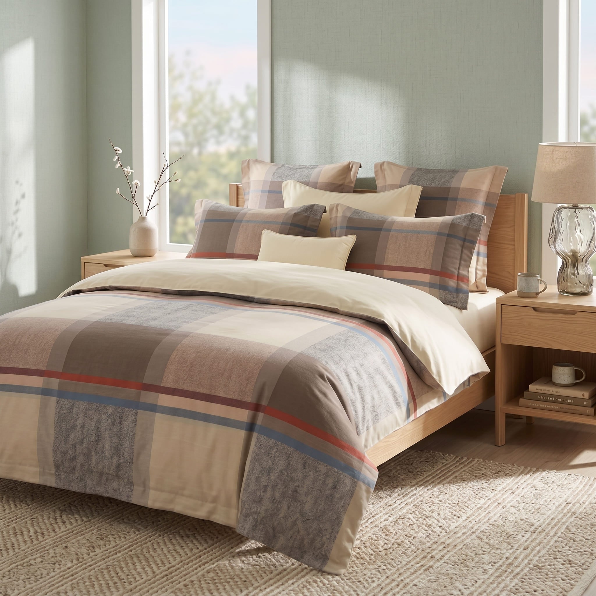 Pościel z mikrofibry dwustronna kremowa beżowa szara w kratę 140x200 2 el. Regent Plaid h793 - Lunatis