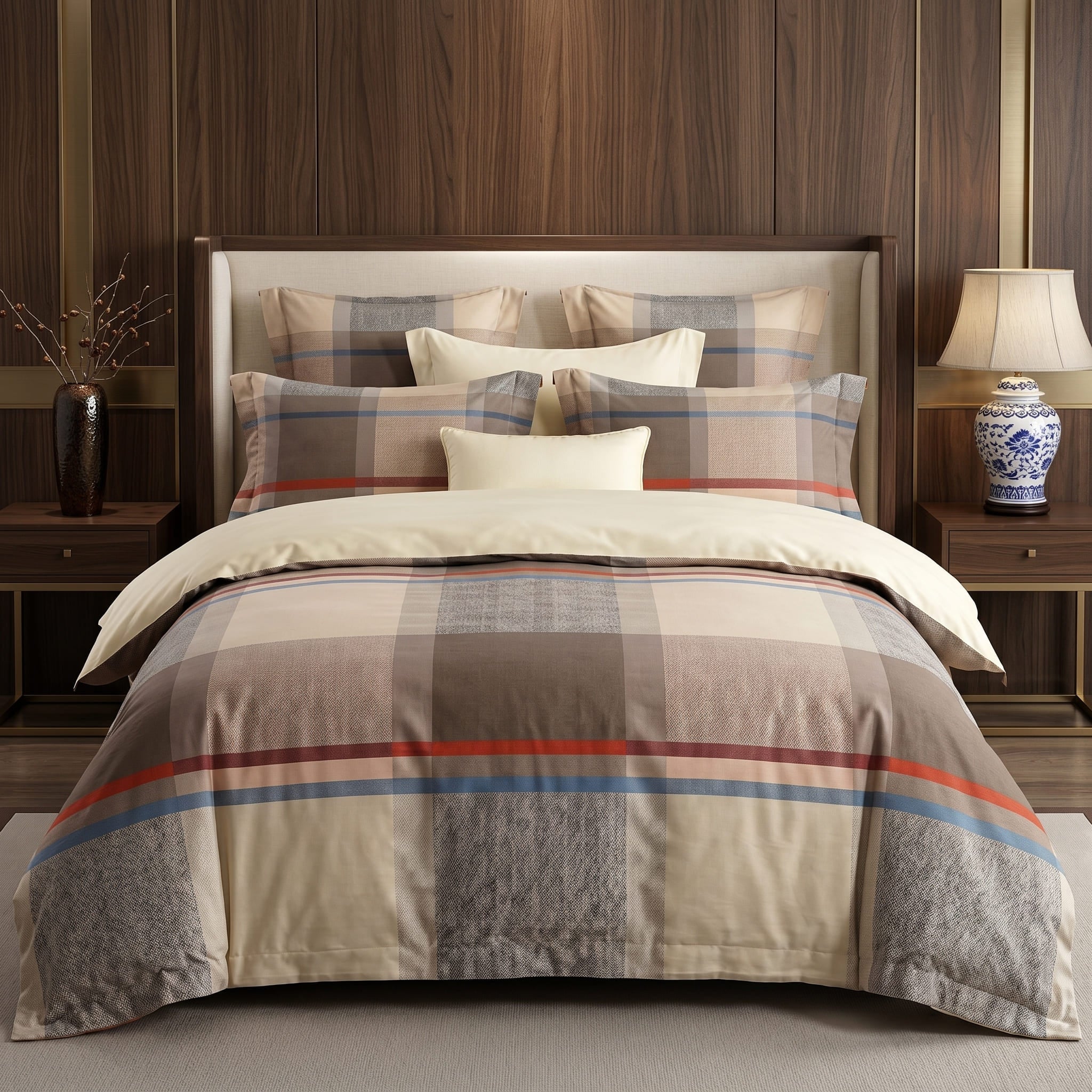 Pościel z mikrofibry dwustronna kremowa beżowa szara w kratę 140x200 2 el. Regent Plaid h793 - Lunatis