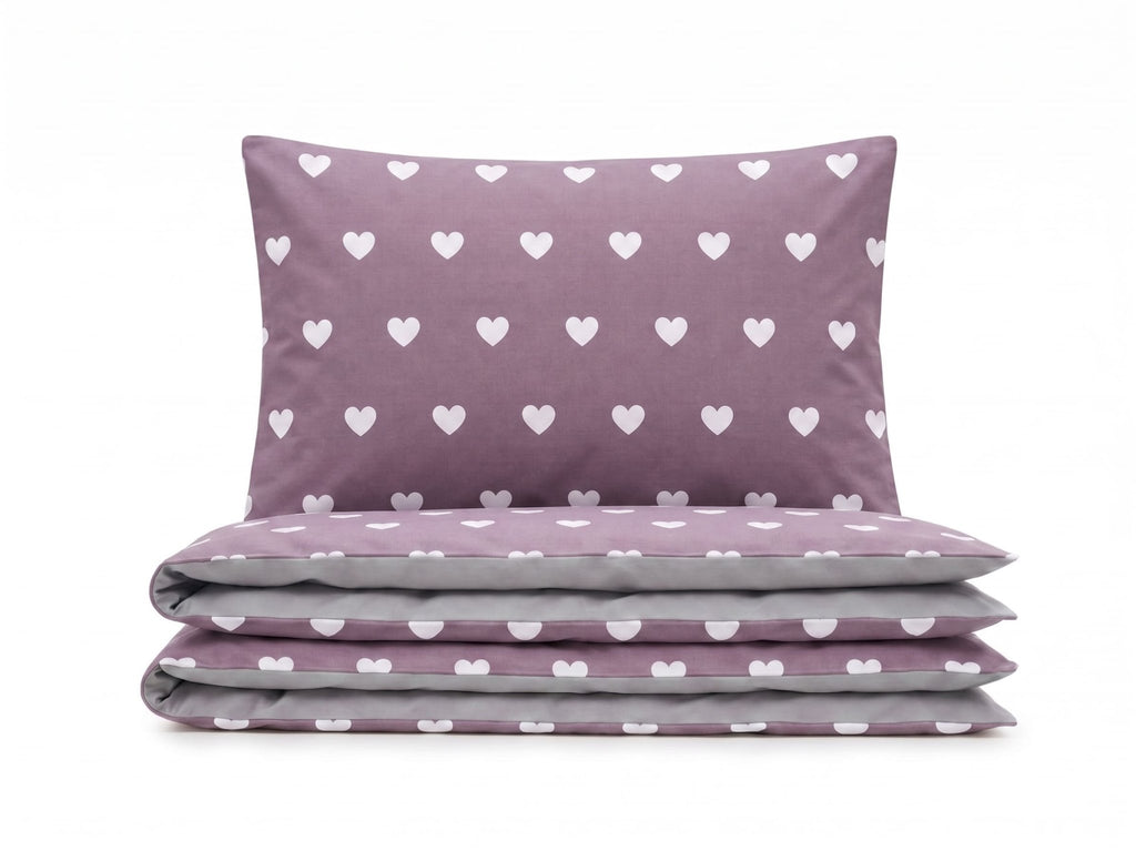 Pościel z mikrofibry dwustronna lawendowa w serca i szara 140x200 2 el. Lavender Hearts h739 - Lunatis