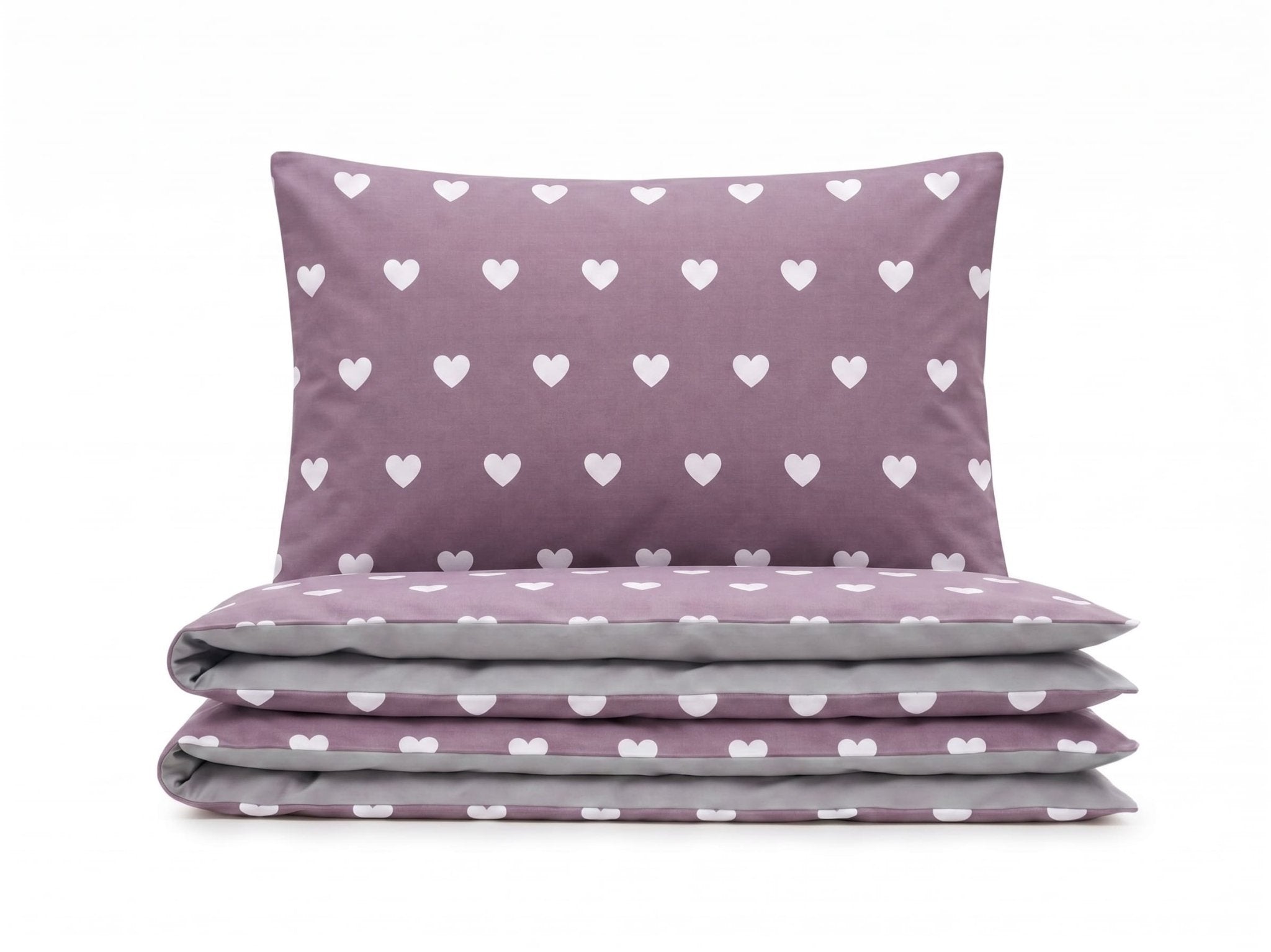Pościel z mikrofibry dwustronna lawendowa w serca i szara 140x200 2 el. Lavender Hearts h739 - Lunatis