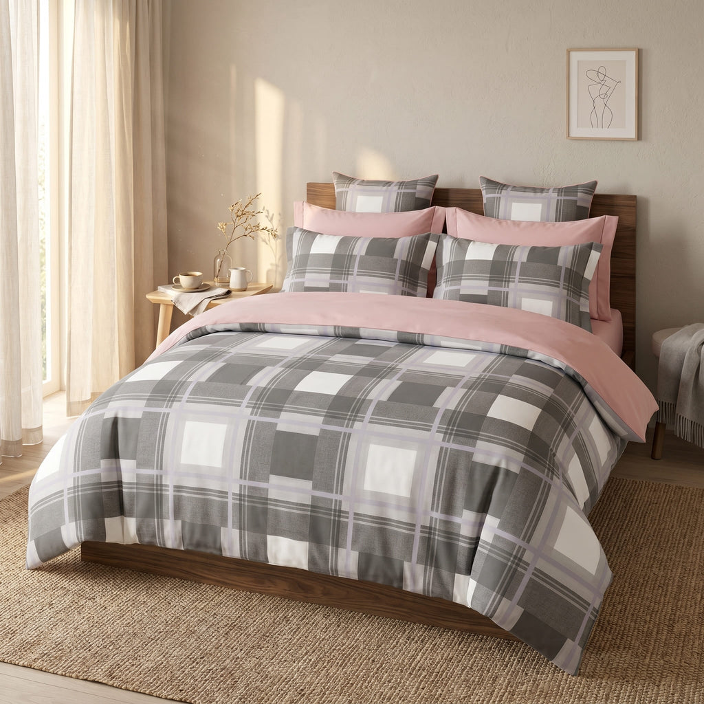 Pościel z mikrofibry dwustronna szara biała w krate i różowa 160x200 3 el. Rosewood Plaid h1646 - Lunatis