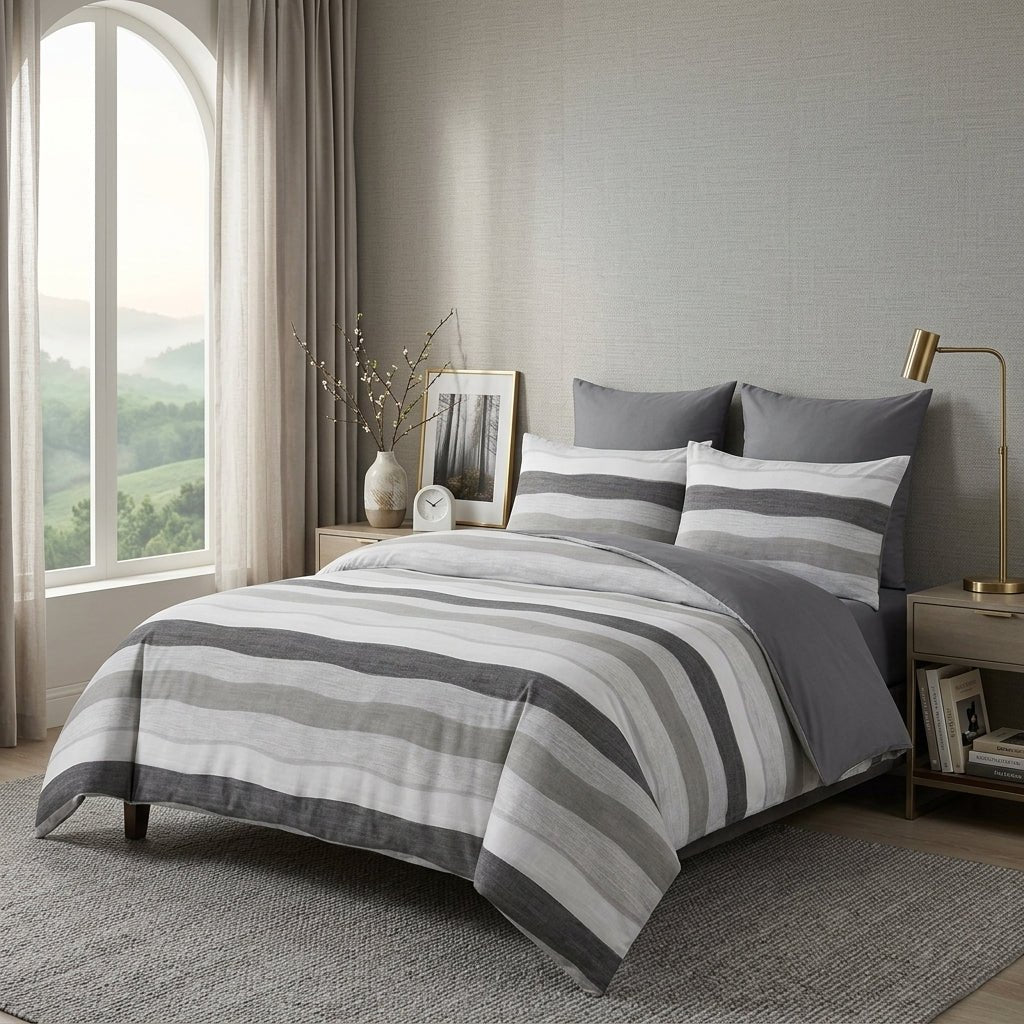Pościel z mikrofibry dwustronna szara w pasy 160x200 3 el. Nordic Stripes h1117 - Lunatis