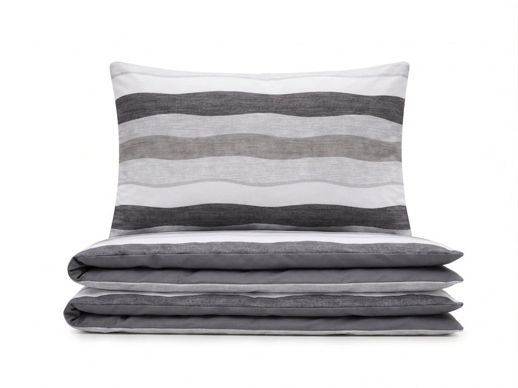 Pościel z mikrofibry dwustronna szara w pasy 160x200 3 el. Nordic Stripes h1117 - Lunatis