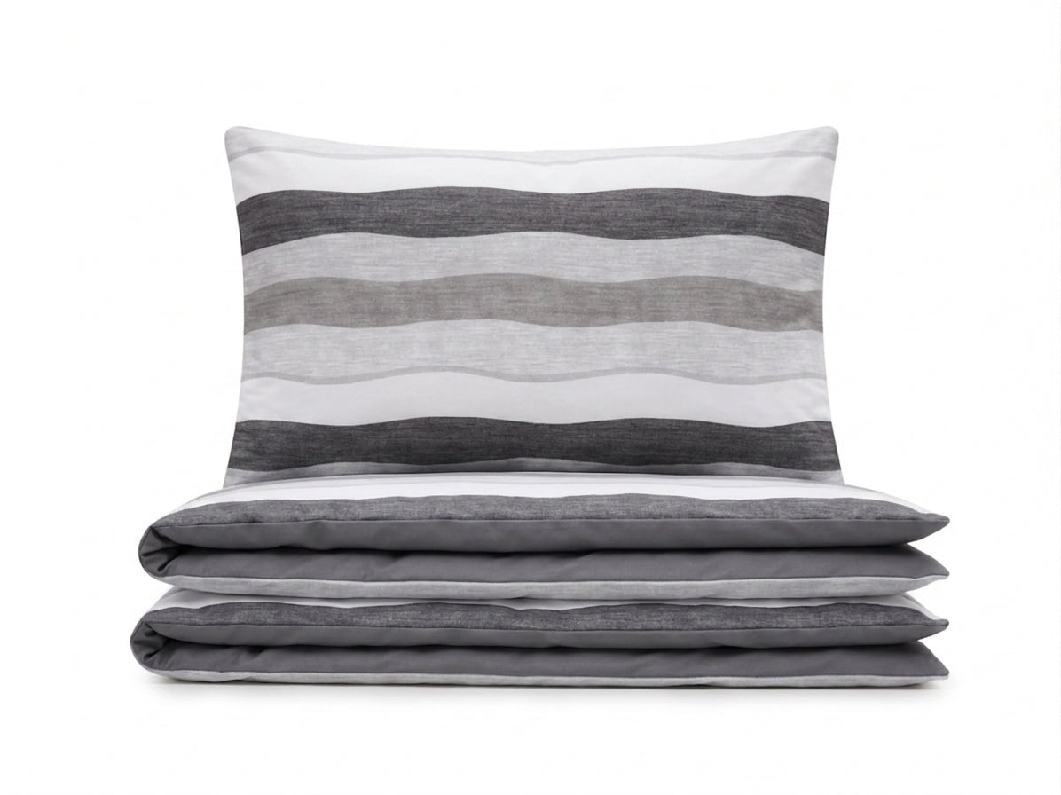 Pościel z mikrofibry dwustronna szara w pasy 160x200 3 el. Nordic Stripes h1117 - Lunatis