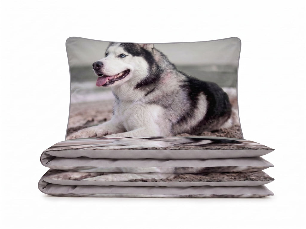 Pościel z mikrofibry dwustronna szara w psy 140x200 2 el. Arctic Husky h1510 - Lunatis