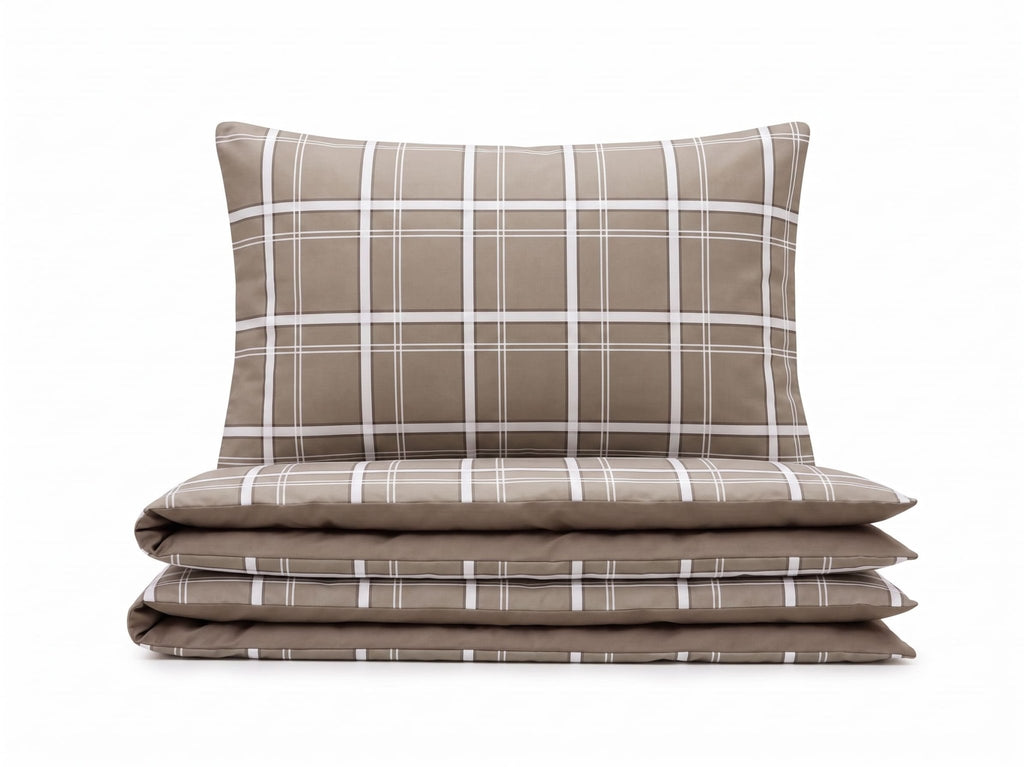 Pościel z mikrofibry dwustronna taupe beżowa kremowa w kretke 200x220 3 el. Briarwood Manor h1585 - Lunatis