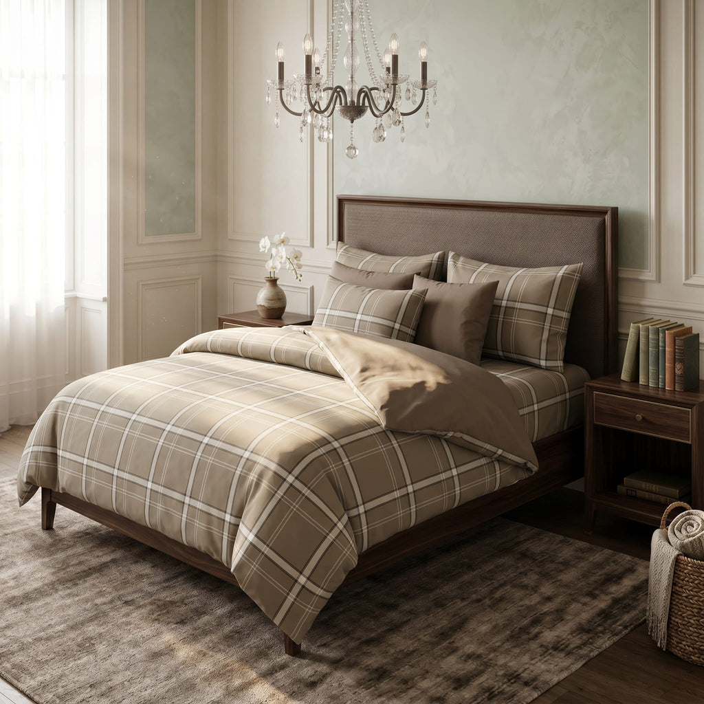 Pościel z mikrofibry dwustronna taupe beżowa kremowa w kretke 200x220 3 el. Briarwood Manor h1585 - Lunatis