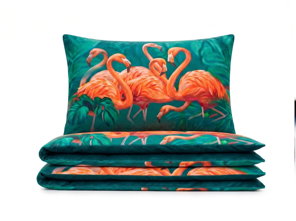 Pościel z mikrofibry dwustronna zielona w flamingi 160x200 3 el. Emerald Flamingo h1573 - Lunatis