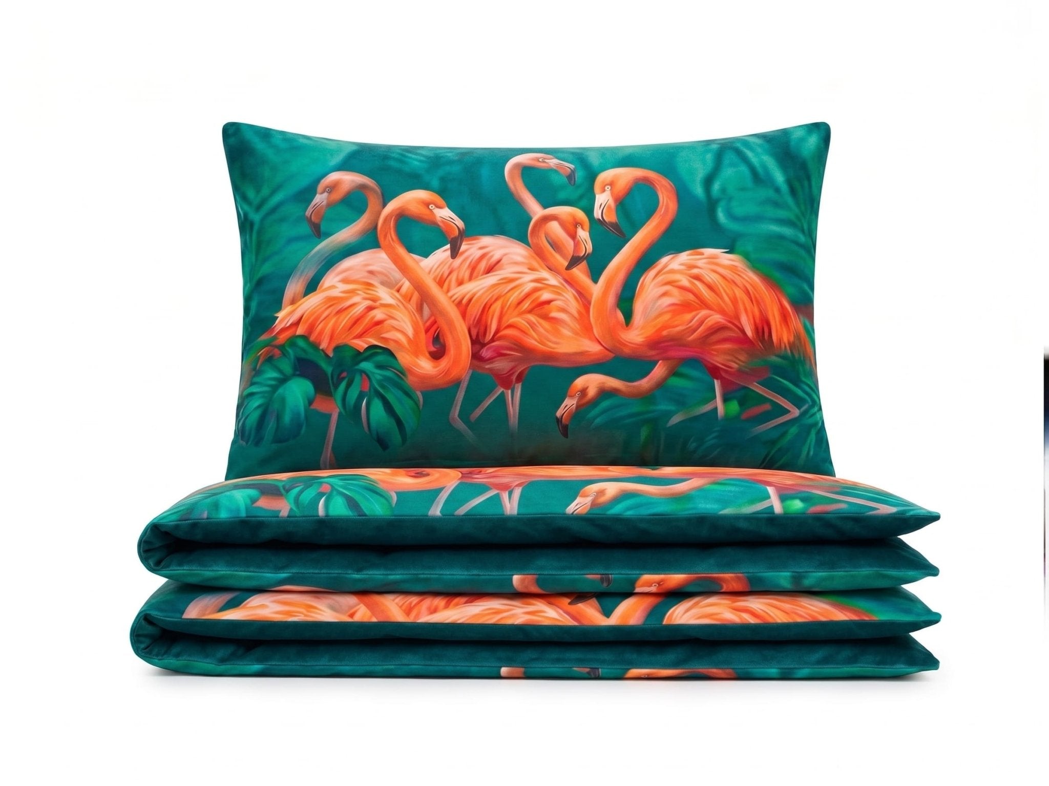 Pościel z mikrofibry dwustronna zielona w flamingi 160x200 3 el. Emerald Flamingo h1573 - Lunatis