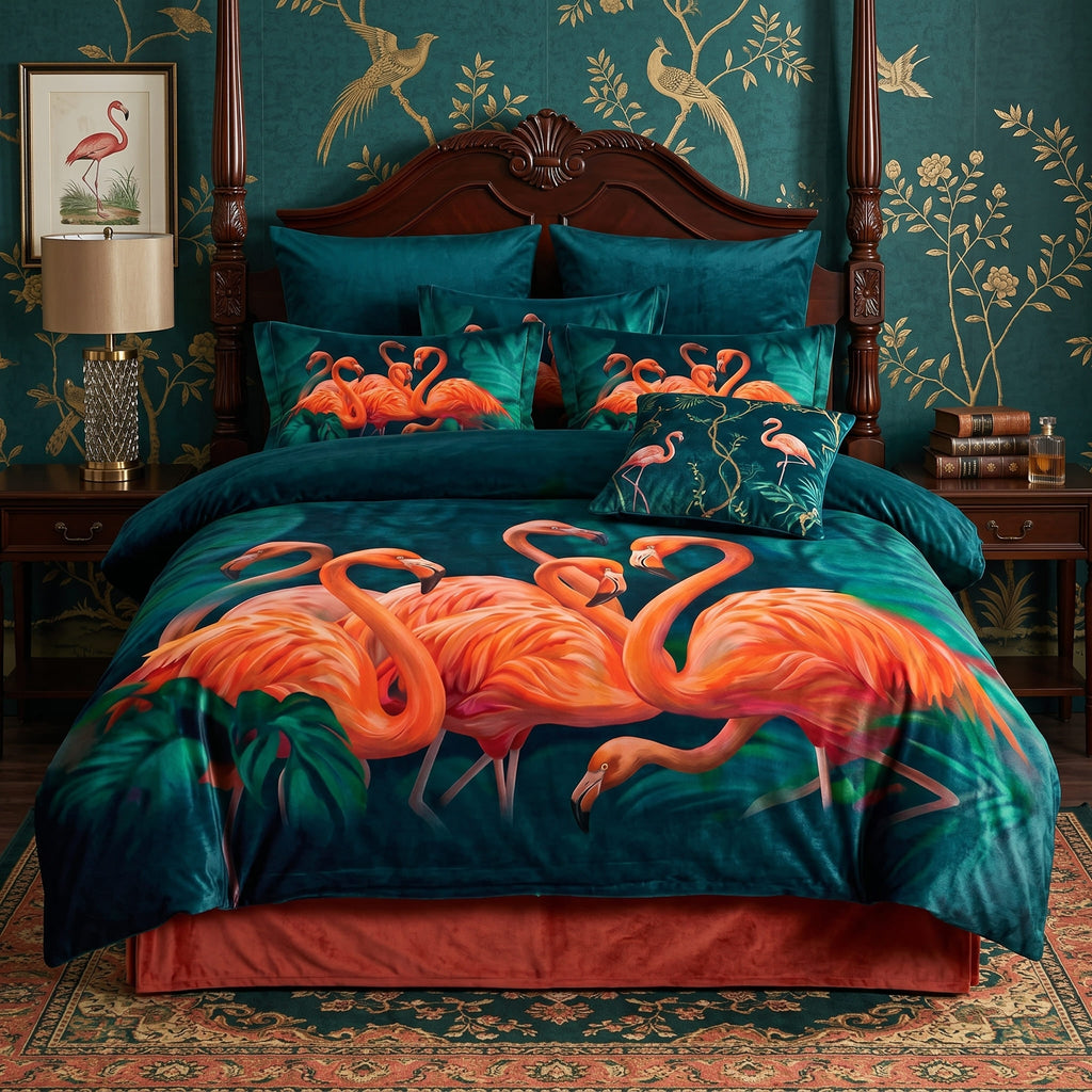 Pościel z mikrofibry dwustronna zielona w flamingi 160x200 3 el. Emerald Flamingo h1573 - Lunatis