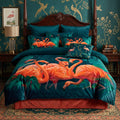Pościel z mikrofibry dwustronna zielona w flamingi 160x200 3 el. Emerald Flamingo h1573 - Lunatis