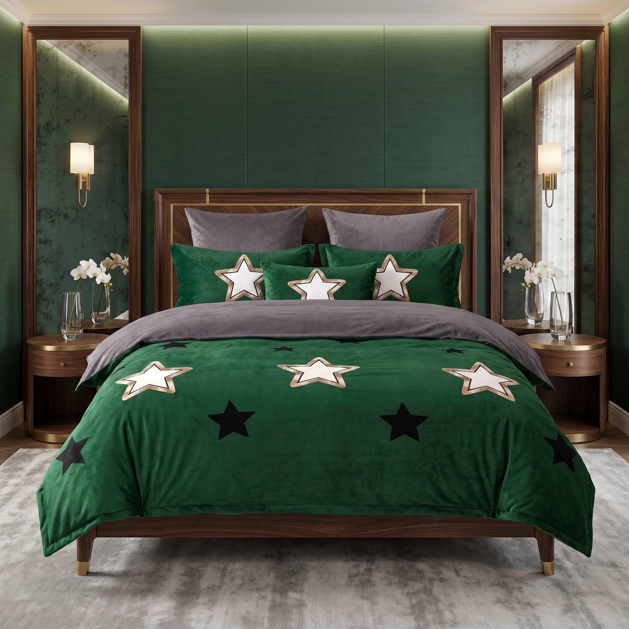 Pościel z mikrofibry dwustronna zielona w gwiazdy i szara 160x200 3 el. Emerald Stars h1264 - Lunatis