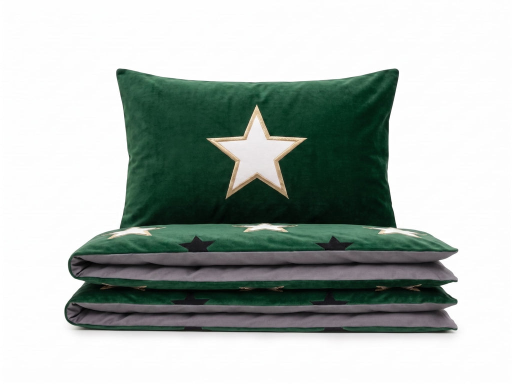 Pościel z mikrofibry dwustronna zielona w gwiazdy i szara 160x200 3 el. Emerald Stars h1264 - Lunatis