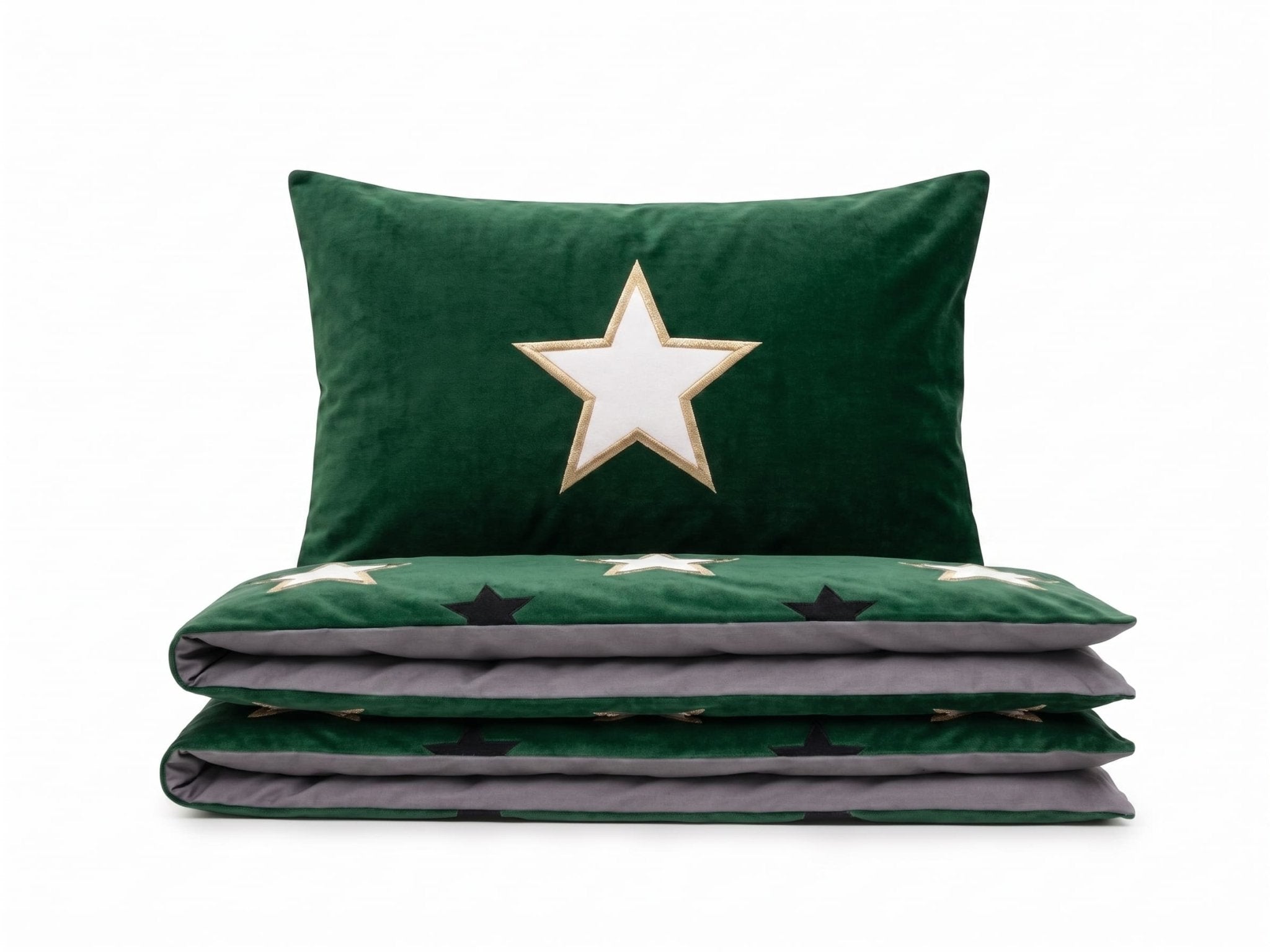 Pościel z mikrofibry dwustronna zielona w gwiazdy i szara 160x200 3 el. Emerald Stars h1264 - Lunatis