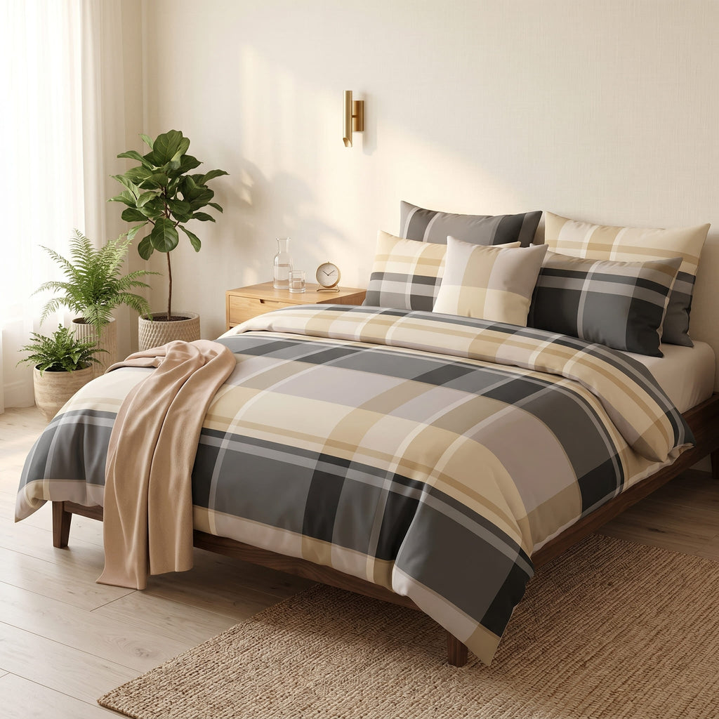 Pościel z mikrofibry kremowa szara beżowa w kratke 160x200 4 el. z prześcieradłem Westbridge Plaid h1582 - Lunatis